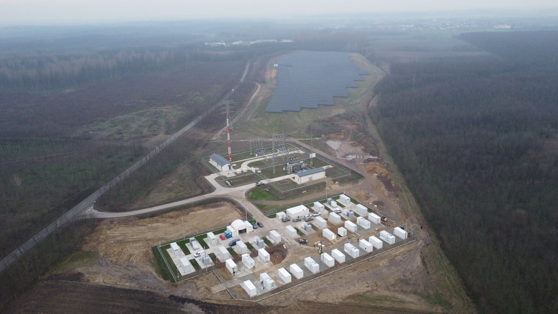 Hybrid PV and battery storage site viewed from the air